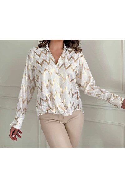 Selence Women's gold printed double-breasted shirt ecru