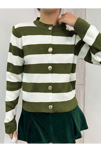 Modamorfo Ringed Metal Buttoned Short Cardigan - Khaki