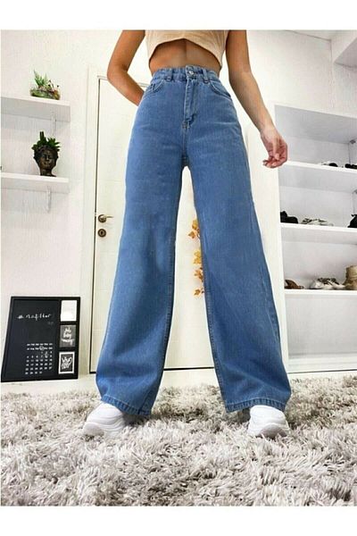 geenz manifacture Παντελόνι Ragazza 90's Mid Blue Lycra Palazzo Loose Leg Super ψηλόμεσο τζιν