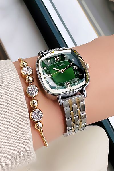 Homies Waterproof Cutout Glass Women's Wristwatch - Gold Silver Green Color, Steel Cord Bracelet Hmby2028C5