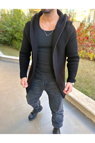 elkumoda Hırka Kapüşonlu Örgü Kapamasız Triko Uzun Panço Salaş Hırka