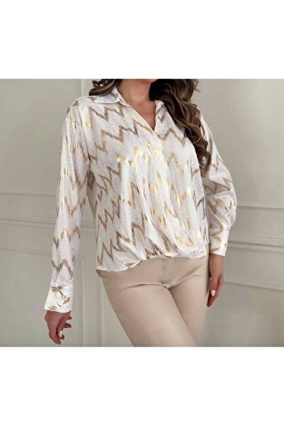 Selence Women's gold printed double-breasted shirt ecru