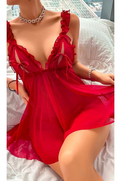 Bluewhs Cămașă de noapte elegantă pentru femei, cu design elegant, cu dantelă transparentă, cămașă de noapte burgundă