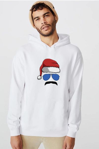 Tshirthane Μουστάκι Christmas Hero White Ανδρικό φούτερ με κουκούλα 3 κορδονιών