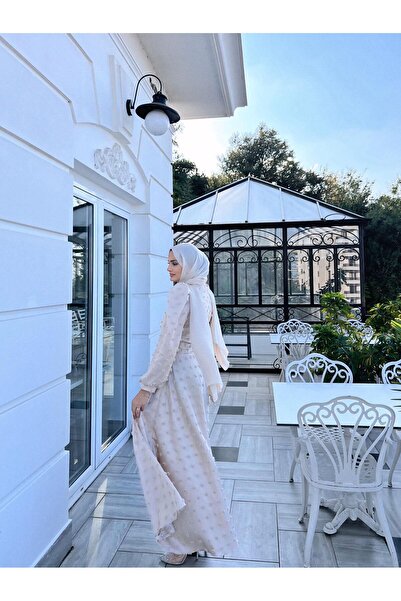 DİSE Kadın Saten Bej Rüya Tesettür Abiye,elbise,mezuniyet,balo,gece Elbisesi