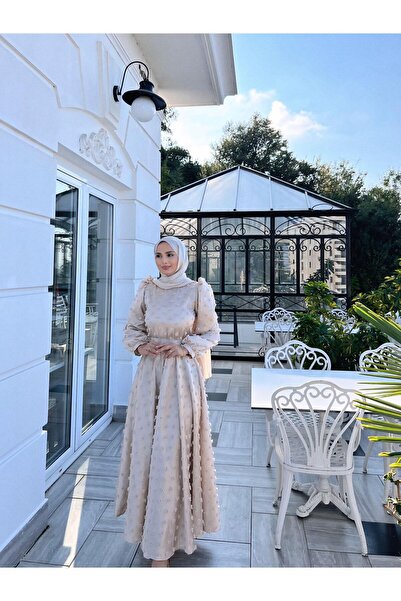 DİSE Kadın Saten Bej Rüya Tesettür Abiye,elbise,mezuniyet,balo,gece Elbisesi