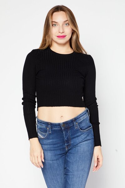 Brave Soul Women Round Neck Long Sleeve Ribbed Back Tie Blouse, Black