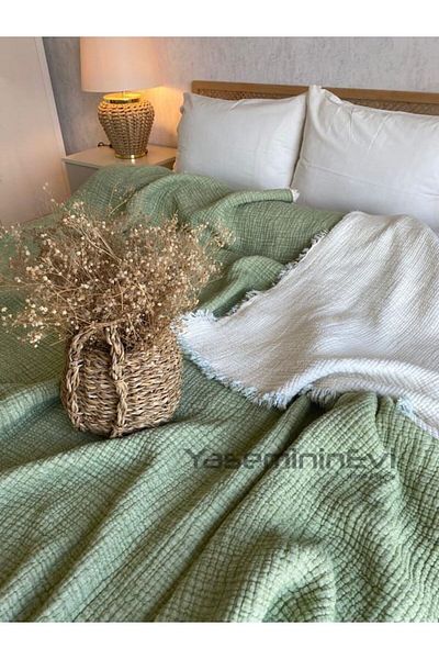 YASEMİNİNEVİ Muslin Pistachio Green Quilt-Bed Cover - Single