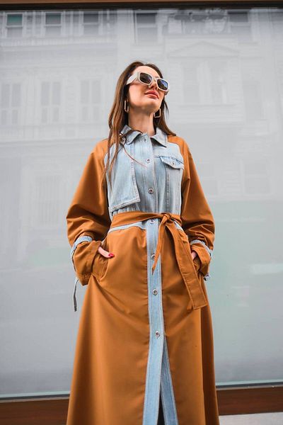 Molly Nelly Women's Denim Detailed Camel Trench Coat