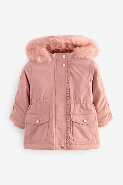 Next Baby Pink Water Resistant Girl's Winter Parka Coat with Pockets