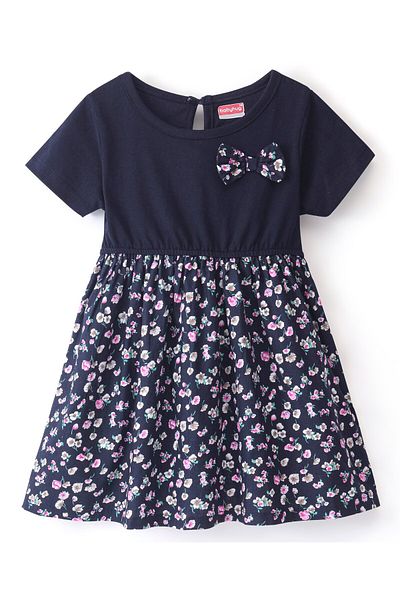 Babyhug Babyhug Half Sleeves Knit Floral Print Dress with Woven Hem & Bow Applique - Navy Blue