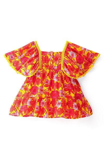 Babyhug Babyhug Half Sleeves Crinkled Rayon Frock with Lace Detailing & Floral Print - Yellow & Red
