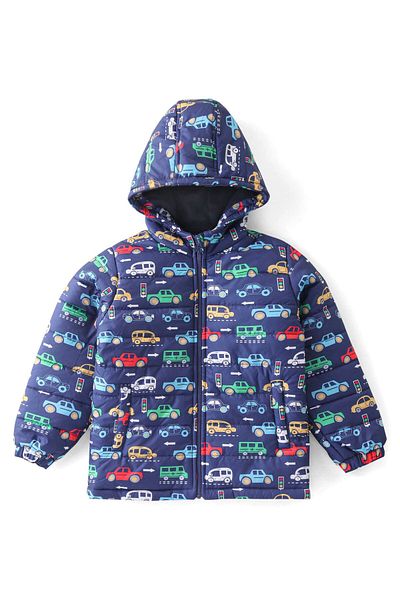Babyhug Babyhug Woven Full Sleeves Padded Hooded Jacket with Car Print - Navy Blue