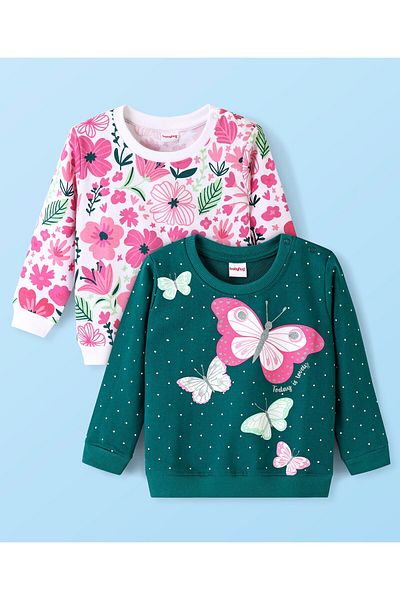 Babyhug Babyhug Cotton Knit Full Sleeves Sweatshirts with Floral & Butterflies Print Pack of 2 -Pink & Green