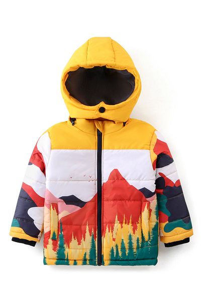 Babyhug Babyhug Full Sleeves  Padded Jacket with Detachable Hood Mountain Print - Multicolor