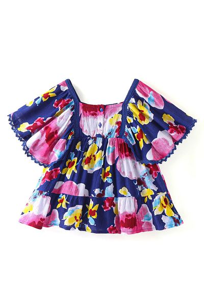 Babyhug Babyhug Rayon Half Sleeves Frock Floral Print with Lace & Bow Detailing- Blue