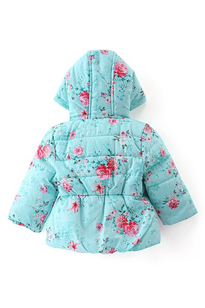 Babyhug Babyhug Woven Full Sleeves Hooded Jacket with Bow Floral Print - Aqua Blue