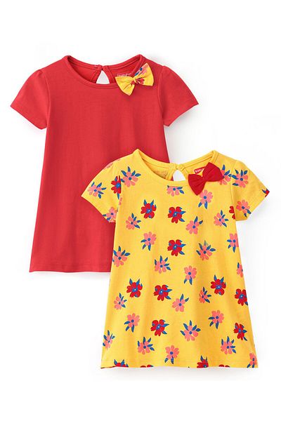 Babyhug Babyhug 100% Cotton Knit Half Sleeves Frocks With Floral Print Pack of 2- Red & Yellow