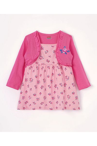 Babyhug Babyhug Cotton Knit Sleeveless Frock Dress with Shrug Floral Print - Pink
