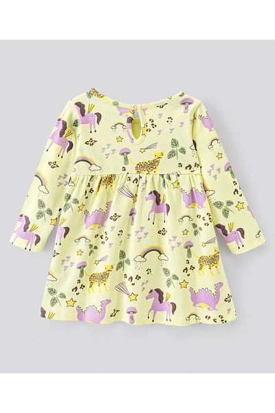 Bonfino Bonfino 100% Cotton Knit Full Sleeves Frock with Dino Print - Yellow