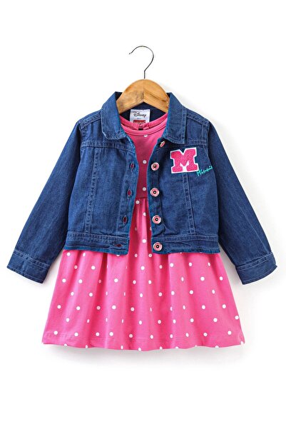 Babyhug 100% Cotton Frock Full Sleeve Denim Jacket Polka Dots Print & Minnie Mouse -Pink & Blue