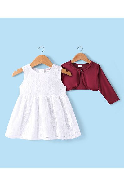 Babyhug Babyhug Woven Frock with Full Sleeves Jacket Floral Embroidery - White