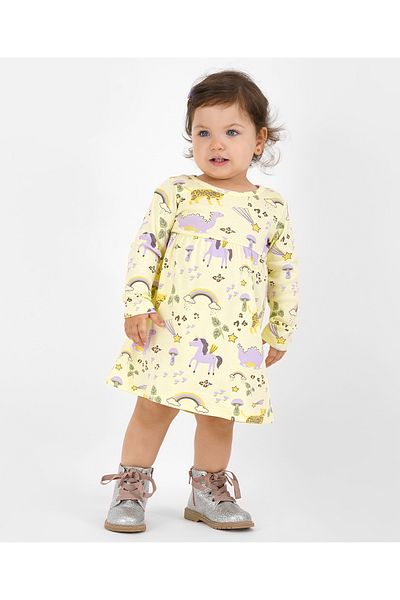 Bonfino Bonfino 100% Cotton Knit Full Sleeves Frock with Dino Print - Yellow
