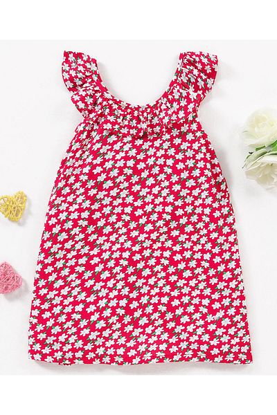 Babyhug Babyhug 100% Viscose Sleeveless Floral Print Frock with Bow Applique - Red