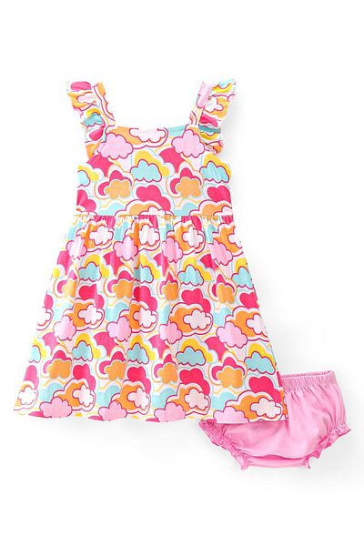 Babyhug Babyhug Cotton  Knit Sleeveless Frock with Bloomer Cloud Printed - Pink