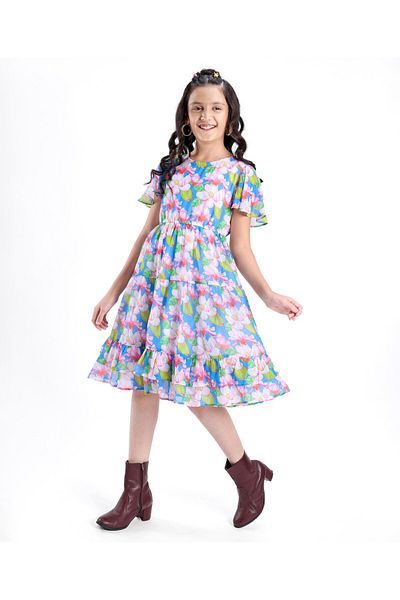 Pine kids Pine Kids Georgette Half Sleeves Layered Frock with Floral Print - Blue