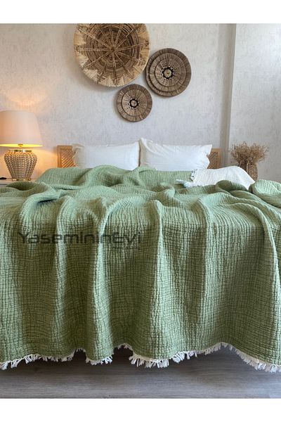 YASEMİNİNEVİ Double Green Color 6 Layer Muslin Quilt, Bedspread 220X240Cm