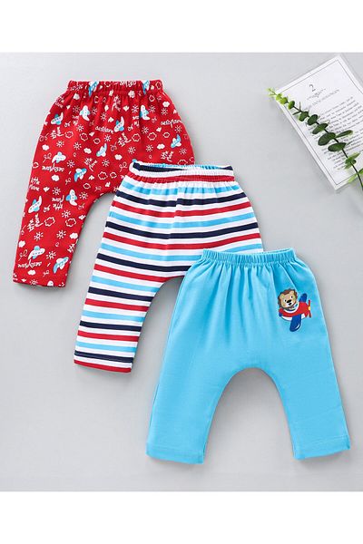 Babyhug Full Length Cotton Diaper Leggings Striped Pack of 3 - Blue Red