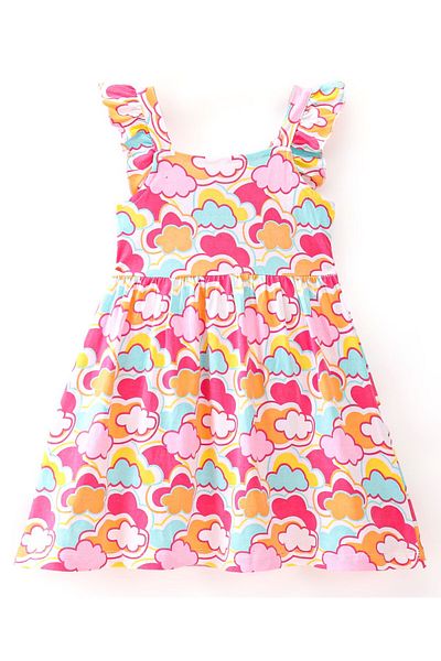 Babyhug Babyhug Cotton  Knit Sleeveless Frock with Bloomer Cloud Printed - Pink