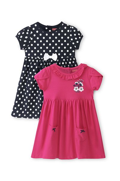 Babyhug Babyhug 100% Cotton Knit Half Sleeves Frocks Polka & Floral Print Pack of 2 - Multicolor