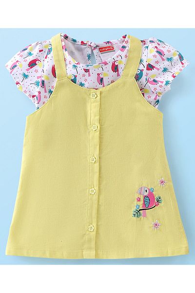 Babyhug Babyhug Cotton Knit Short Sleeves Inner Tee with Corduroy Frock Parrot Printed  - Yellow