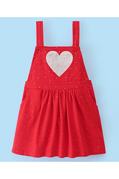 Babyhug 100% Cotton Knit Heart Printed Frock with Half Sleeves Inner Tee Smocking Detailing - Red