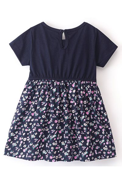 Babyhug Babyhug Half Sleeves Knit Floral Print Dress with Woven Hem & Bow Applique - Navy Blue