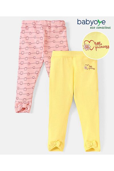 Babyoye Eco Conscious 100% Cotton Full Length Eco Jiva Leggings Heart Print Pack of 2 -Pink & Yellow