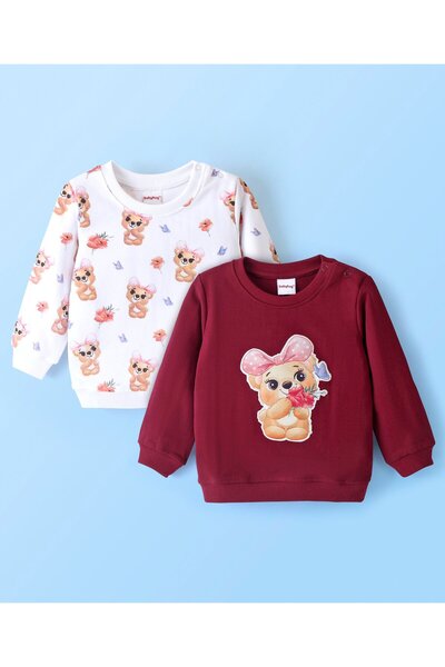 Babyhug Babyhug Cotton Knit Full Sleeves Sweatshirts with Graphics Print Pack of 2 - White & Maroon