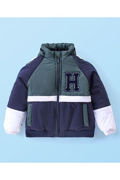 Babyhug Babyhug Woven Full Raglan Sleeve Front Open PaddJacket Detachable Colour Block & Patch-Navy Blue