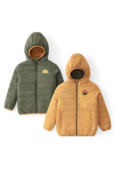 Babyhug Woven Full Sleeves Solid Color Padded Hooded Reversible Jacket - Olive Green & Mustard