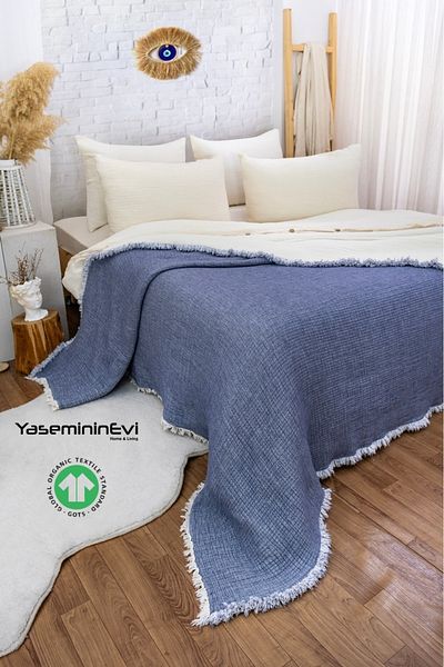 YASEMİNİNEVİ Double Indigo Color 6 Layer Muslin Quilt, Bedspread 220X240Cm