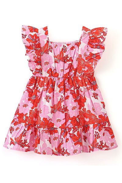 Babyhug Babyhug 100% Cotton Knit Sleeveless Frock With Floral Print - Pink & Red