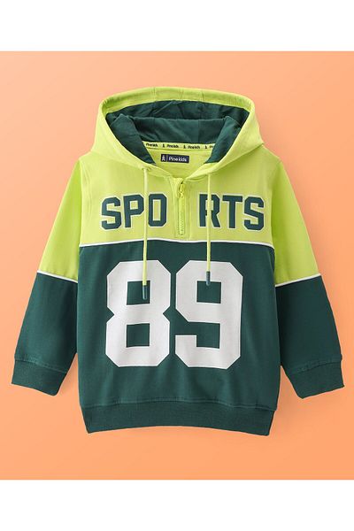 Pine kids Pine Kids-Cotton Knit Full Sleeve Hooded Sweat Shirt Color Block Design & Varsity Placement -Green