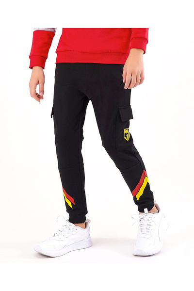 Primo Gino Primo Gino 100% Cotton Full Length Cargo Track Pant Placement Print - Black
