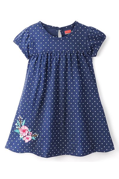 Babyhug Babyhug 100% Cotton Knit Half Sleeves Embroidered Dress - Navy Blue
