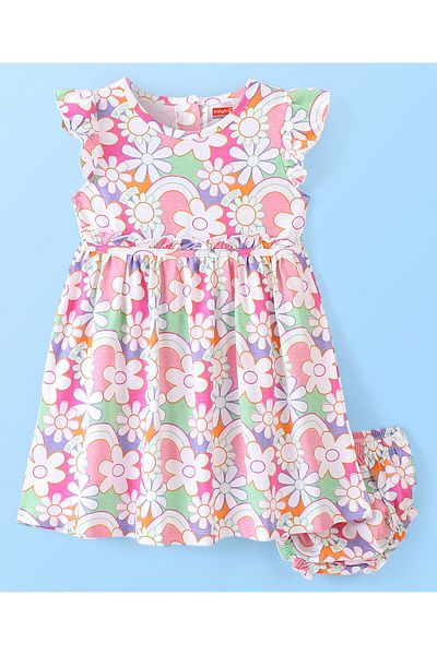 Babyhug Babyhug 100% Cotton Knit Sleeveless Frock With Bloomer Floral Print - Pink