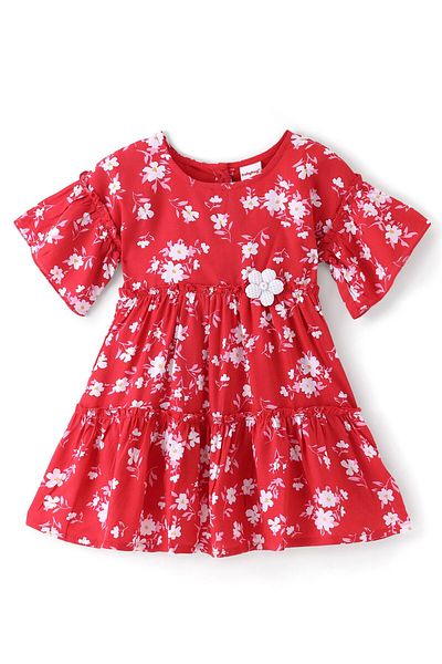 Babyhug Babyhug Woven Half Sleeves Frock With Floral Print - Red