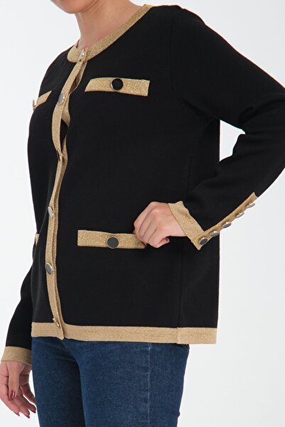 trikobis Minelli Gold Button Detail Silvery Bands Intersie Steel Knitted Wool Knitted Cardigan