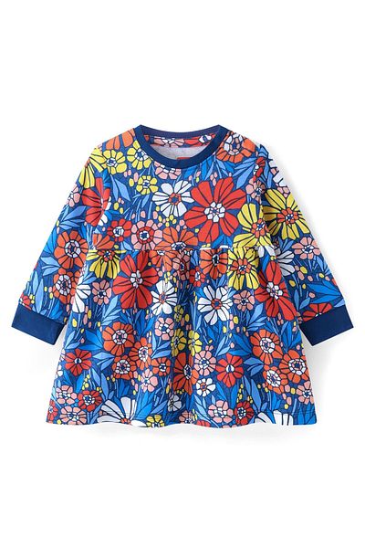 Babyhug Babyhug Cotton Knit Full Sleeves Winter Frock with Floral Print - Navy Colour